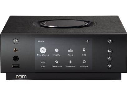 Préampli casque Naim Uniti Atom noir, vue de face, avec écran, molette de contrôle, ports et icônes de fonctions