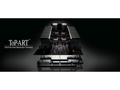 Ampli hi-fi stéréo Yamaha R-N800A argent, vue de face, capot ouvert révélant les composants internes et les tubes à vide