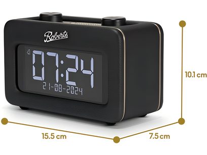 Roberts Revival Rest melnā imitācijas ādas radiomodsargājošais pulkstenis ar kompakta taisnstūra korpusu ar zelta apmali, LCD digitālo displeju priekšpusē, divām apaļām pogām uz virsas, skats no labās priekšpuses trīs ceturtdaļās