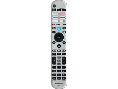 Téléviseur haute définition TV-55Z95AEG. Télécommande vue de face, finition argentée, boutons noirs et colorés, logos d'applications