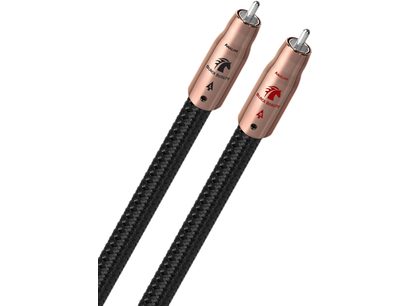 Δύο καλώδια ήχου RCA Audioquest Black Beauty 1m, με μαύρο πλεκτό περίβλημα και επιχαλκωμένους συνδέσμους, τοποθετημένα παράλληλα σε λευκό φόντο