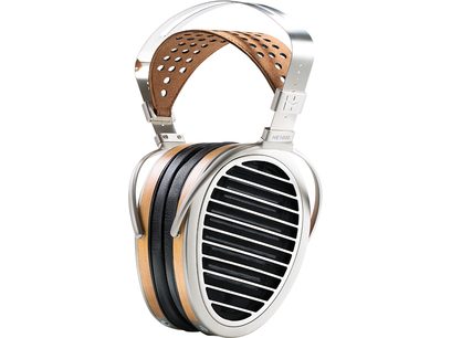 Casque hifi ouvert Hifiman HE1000 V2 Stealth Magnet. Arceau et coques en métal brossé et bois. Grilles noires sur les oreillettes