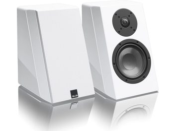 Rectangular white lacquered speakers shown from the front and side views, with integrated circular black speaker drivers