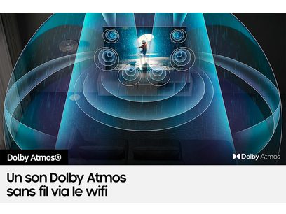 Téléviseur Samsung TQ65S95D 2024 à écran incurvé affichant une image d'un personnage de dessin animé sur un fond bleu tourbillonnant