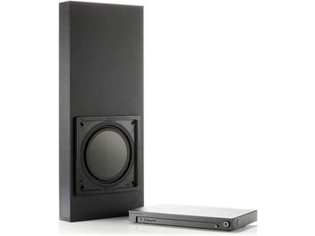 Front view of Monitor Audio IWS-10 in-wall subwoofer, black speaker, square metal grille