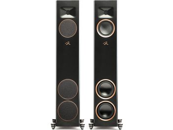 Enceinte colonne Motion F20 avec deux unités, face avant noire, haut-parleurs circulaires et détails cuivrés, base à pieds