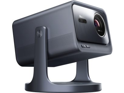 Hisense C2 Pro videoprojektor, kolmeveerandvaade, hall ristkülikukujuline korpus, ümmargune objektiiv, kaarekujuline tugi