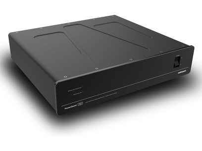 Audioquest PowerQuest 707 black power conditioner, front perspective view, with 4 power outlets at the rear