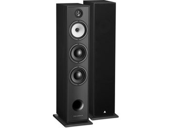 Paire d’enceintes colonne Triangle Borea BR08 noir en bois noir, vue de trois quarts avant, l’une sans grille laissant voir tweeter, médium blanc, deux woofers noirs et évent circulaire, l’autre munie d’une grille acoustique noire
