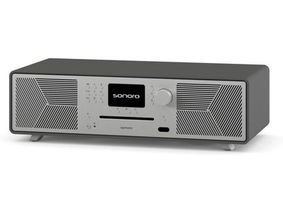 Sonoro Meisterstück alt-i-ét hi-fi-system i mat grafit og sølv set forfra, med integreret CD-afspiller