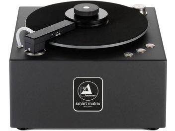 ClearAudio Smart Matrix Silent must plaadipesur, vaade ülalt, ümmargune plaat, liigendiga plaadivarras, nupud, valge logo