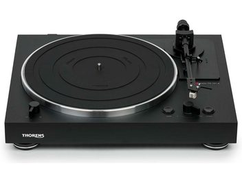 Platine vinyles hi-fi Thorens TD 101 A noir mat, vue de dessus, plateau circulaire, bras de lecture, boutons et interrupteur