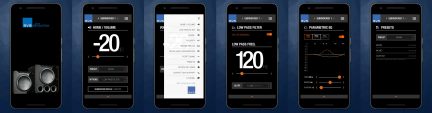 Six écrans de smartphone affichant une application de contrôle de subwoofer avec réglages de volume, filtres et égaliseur
