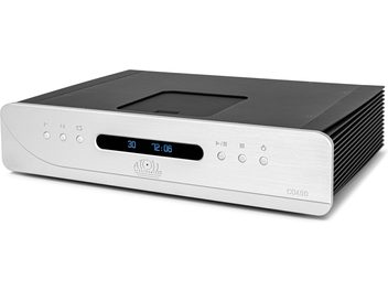 Atoll Electronique CD400 Evolution high-fidelity CD player, front left three-quarter view, black metal case with side fins and silver brushed aluminum front panel featuring a central blue digital display and symmetrical round buttons