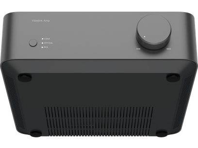 Integrerad stereo hi-fi-förstärkare Vibelink Space grey med roterande knapp till höger, cirkulär knapp till vänster och tre lysdiodindikatorer