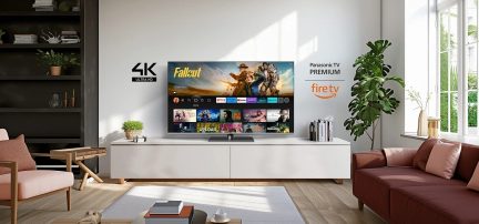 Salon modern cu televizor cu ecran plat pe mobilier alb, canapea roz, rafturi negre, plante verzi, fereastră în dreapta.