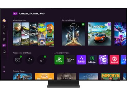 Écran d'accueil Samsung Gaming Hub affichant jeux Xbox Game Pass, récemment joués et populaires, et applications gaming