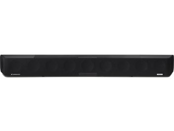 Sennheiser AMBEO Soundbar Max soundbar in black, front view, perforated metal grille, display, white logo