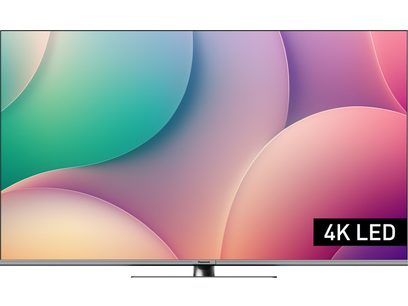 Téléviseur Panasonic TV-50W83AEG écran plat, vue de face, affichage multicolore, étiquette 4K LED en bas à droite