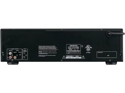 Lecteur CD haute-fidélité Onkyo DX-C390 noir, vue arrière, connecteurs audio analogiques et numériques, inscriptions blanches