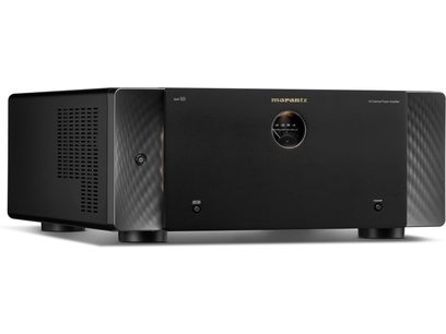 Amplificatore di potenza multicanale Marantz AMP 10 nero, vista frontale, con pannello frontale in alluminio spazzolato e display LED blu