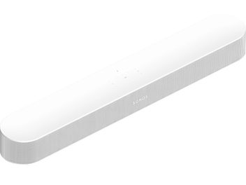 Λευκή ματ ηχοβαρα Sonos Beam (2ης Γενιάς), μπροστινή όψη, επιμηκυσμένο στρογγυλεμένο ορθογώνιο σχήμα, λευκή ακουστική σχάρα