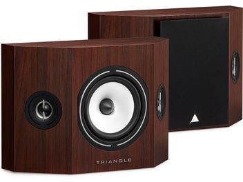 Diffusori posteriori bipolari Triangle BRS1 noce, vista prospettica, cabinet in legno, 1 altoparlante centrale bianco, 2 tweeter neri