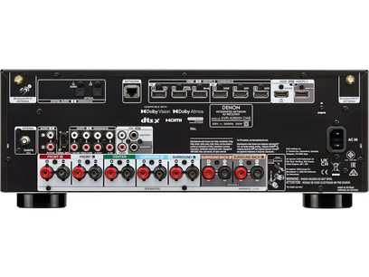 Ampli home-cinéma Denon AVR-X2800H DAB noir, face arrière, connectique audio/vidéo, prises enceintes, antenne, réseau, alimentation