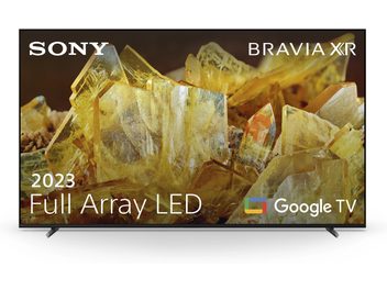 Téléviseur haute définition Sony XR55X90L, vue de face, écran affichant des cristaux jaunes, texte blanc en bas à gauche