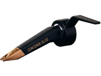 DJ-pladespillercelle fra Ortofon Concorde Elite, mat sort kabinet, forgyldt nåle, profilvisning på hvid baggrund