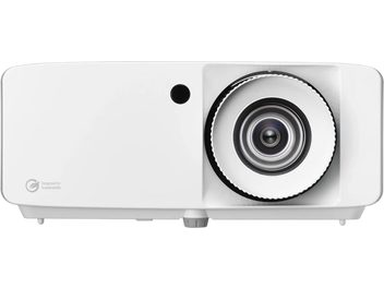 Optoma UHZ35 videoprojektor, eestvaade, valge ristkülikukujuline korpus, ümmargune objektiiv paremal, must andur vasakul