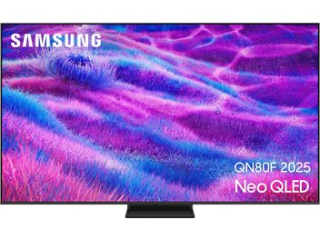 Téléviseur Samsung QN80F 2025 noir mat, cadre mince métallique, écran plat Neo QLED vue de face sur pied central rectangulaire noir