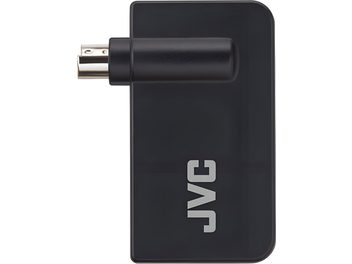 Emetteur 3D RF JVC PK-EM2, boîtier noir rectangulaire, connecteur USB mâle sur un côté court, logo JVC gris sur la face avant