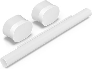 Barre de son Sonos ARC Ultra et deux haut-parleurs Era 300, vue en angle, finition blanc mat, design épuré et arrondi