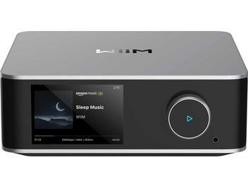 Δικτυακός αναπαραγωγέας ήχου WiiM Ultra silver με οθόνη που εμφανίζει "Sleep Music", κυκλικό κουμπί με φωτεινό τρίγωνο και ορθογώνια θήκη