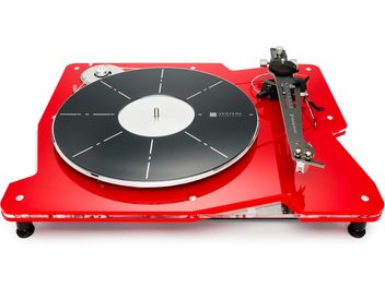 Platine vinyles hi-fi Vertere Acoustics Pack DGX Mystic II rouge, socle rouge translucide en acrylique, plateau noir à repères blancs et bras de lecture noir, vue de dessus légèrement oblique