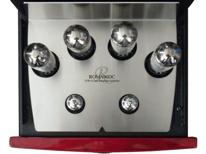 Roma 96DC+ silver aluminum tube hi-fi amplifier by Synthesis Art In Music, 6 silver-plated tubes on a gray chassis, front view