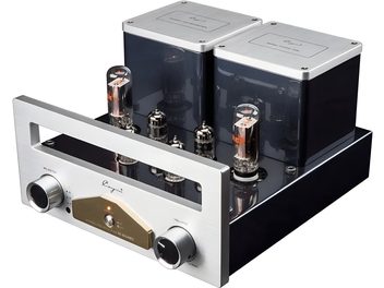 Cayin SC-6LS MK2 stereo preamplifier in glossy black metal chassis, silver brushed aluminum front panel with a rectangular window, two large cylindrical knobs, central brass plate, four visible vacuum tubes on top, and two square transformer covers in the background, three-quarter front view