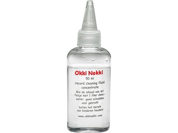 50 ml transparent bottle of Okki Nokki Record Cleaning Fluid vinyl cleaning liquid, with white cap and red label