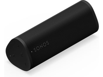 Enceinte bluetooth Sonos Roam 2 noir, vue en perspective, grille perforée, boutons de contrôle sur le côté