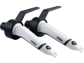 To DJ-pladespillerceller fra Ortofon Concorde MKII TWIN SCRATCH i hvid og sort, set ovenfra