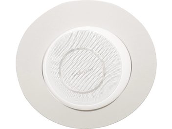 In-ceiling adapter for Cabasse Eole 4 white, close-up front view, round recessed speaker with perforated grille