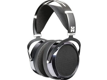 Casque hifi ouvert Hifiman HE6se, noir et argent, vu de trois-quarts face gauche, coques rondes et arceau large