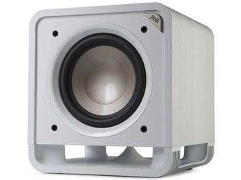 Polk Audio HTS 10 valge bassikõlar, vaade eest, kuupkujuline, keskel must ümmargune kõlar, metallist võre