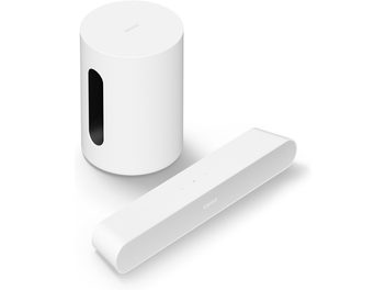 Λευκή ηχοβαρίδα Sonos Ray και υπογούφερ Mini Sub, σε μετωπική και πλαϊνή άποψη σε λευκό φόντο