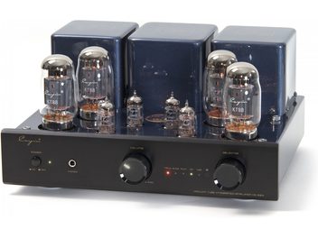Cayin CS-55A KT88 black stereo tube integrated amplifier, black metal chassis with midnight blue covers, four large KT88 tubes and three small 12AX7/12AU7 tubes visible on top, front panel with logo, power button, headphone jack, volume knob, and LED selector, three-quarter front view