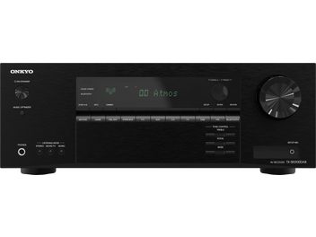Forside af en Onkyo TX-SR3100DAB hjemmebiograf-forstærker, sort, med grønt display, knapper og betjeningselementer
