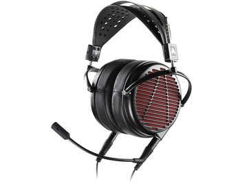 Ανοιχτά ακουστικά hi-fi Audeze LCD-GX, τρισδιάστατη άποψη, στρογγυλή μεταλλική σχάρα στα μαύρα δερμάτινα μαξιλαράκια, μαλακό τόξο, αφαιρούμενο μικρόφωνο σε εύκαμπτο βραχίονα