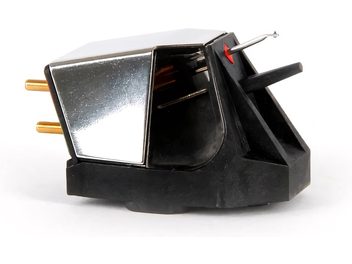 Rega Nd5 turntable cartridge, side view, black body, silver metallic elements, 2 gold pins, visible stylus