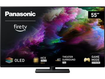 Téléviseur haute définition Panasonic TV-55Z85AEG, écran OLED, vue de face, fond noir avec motifs colorés, logos fire tv, HCX PRO AI MK II, THEATER SURROUND PRO, GAME MODE EXTREME